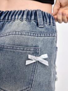 Girls Loose Washed Denim Wide Leg Jeans With Cute Silver Butterfly Decor, Versatile All-Match Casual Fashion Item For All Year Round - Medium Wash - View 7