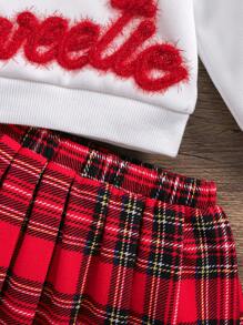 SHEIN 2pcs/Set Baby Girl Christmas Cute Red And White Plaid Outfit,Ruffled Collar Sweatshirt&Pleated Skirt,Autumn Back-To-School Holiday Party Clothes - White - View 5
