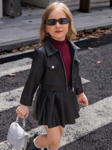 Elladie kids 3pcs Young Girls Casual Black Long Sleeve Round Neck Faux Leather Jacket + Burgundy Turtleneck Top + Mini Skirt Outfit, Sweet&Cool Style, Autumn/Winter - Black - View 5