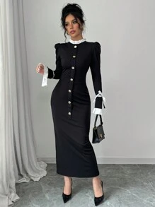 Gloray Women's Ruffle Stand Collar Flared Sleeve Fitted Fishtail Hem Elegant Long Dress, Autumn/Winter Maxi Women Outfit