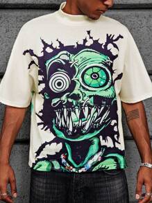 Manfinity Roghcode Manfinity Streetrush Men Big Eye Monster Graphic Oversized T-Shirt,High Collar Loose Halloween Short Sleeve,Beige,Summer,Streetwear,City Break,Rapper - Multicolor - View 7