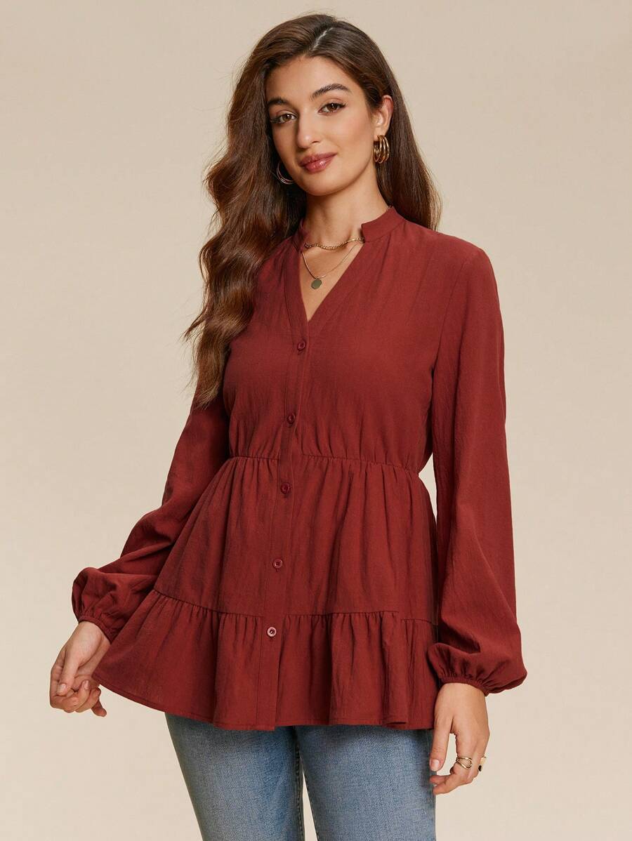 Chiquease Women Casual Ruffled Hem Long Sleeve Blouse, Fall - Red - View 1