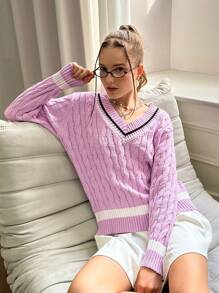 INAWLY Suéter de mujer de cuello en V estilo universitario de punto trenzado, informal para otoño/invierno