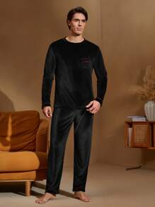 Ensemble de Top manches longues col rond et pantalon avec graphique lettrage pour homme, tenue de détente