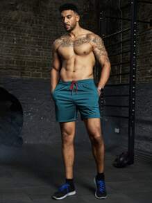 Manfinity Fitness Boyfriend Style Men's Simple Letter Print Front Tie Sports Shorts, Casual Everyday Wear - Blue - View 4