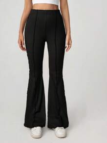 SHEIN Tall 生菜边饰弹性女式喇叭裤 - 黑色 - 查看 4