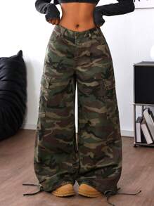 SHEIN ICON Quần Jeans Ống Rộng In Họa Tiết Camo Túi Hộp Cho Nữ, Quần Denim Thời Trang Thường Ngày - Nhiều màu - Xem 2