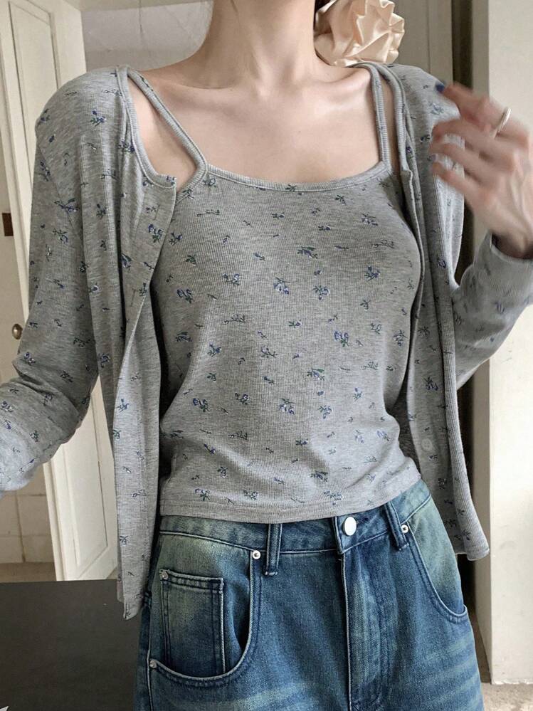 Set de 2 piezas con top de tirantes y cárdigan de manga larga con estampado floral, ropa casual de otoño para mujer - Gris - Añade 2