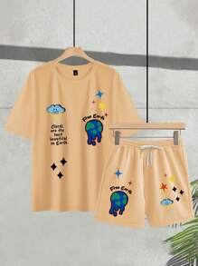 Manfinity Homme Setelan Kasual Pria Ukuran Besar 2 Potong: Kaos Lengan Pendek Leher Bulat dengan Motif Slogan dan Celana Pendek - Aprikot - View 1