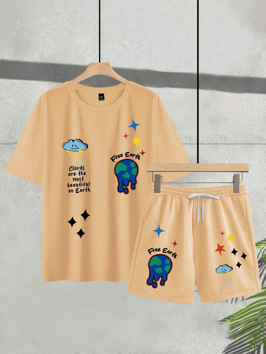 Manfinity Homme Setelan Kasual Pria Ukuran Besar 2 Potong: Kaos Lengan Pendek Leher Bulat dengan Motif Slogan dan Celana Pendek - Aprikot - View 1