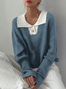 DAZY Women Contrast Color Collar Long Sleeve Pullover Sweater,Fall Clothes - Blue - View 4