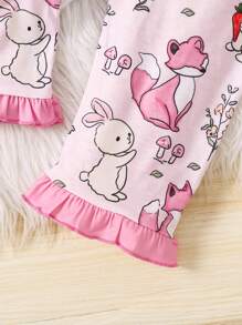 2 件套年轻女孩简约杏色长袖兔子印花家居服套装，休闲舒适 - 粉色 - 查看 2