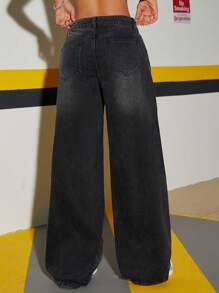 SHEIN ICON 女式休闲宽松侧条纹印花口袋细节牛仔裤 - 黑色 - 查看 2