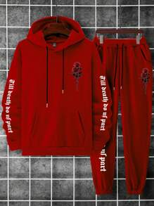 Manfinity Homme 2pcs Men Casual Daily Letter & Floral Print Hoodie And Drawstring Sweatpants Set, Autumn - Red - View 3