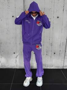 PAVTROS 男士字母印花拉链抽绳连帽运动衫和裤子休闲两件套，春秋装，男士两件套服装，男士运动服，返校服装，紫色运动衫 - 紫色 - 查看 4