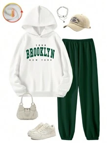 Bộ 2 món - Áo nỉ có mũ và quần nỉ cho bé gái tuổi teen, họa tiết in sống động, thoải mái và phù hợp cho trang phục thể thao thường ngày, mùa thu/đông. - Nhiều màu - Xem 1