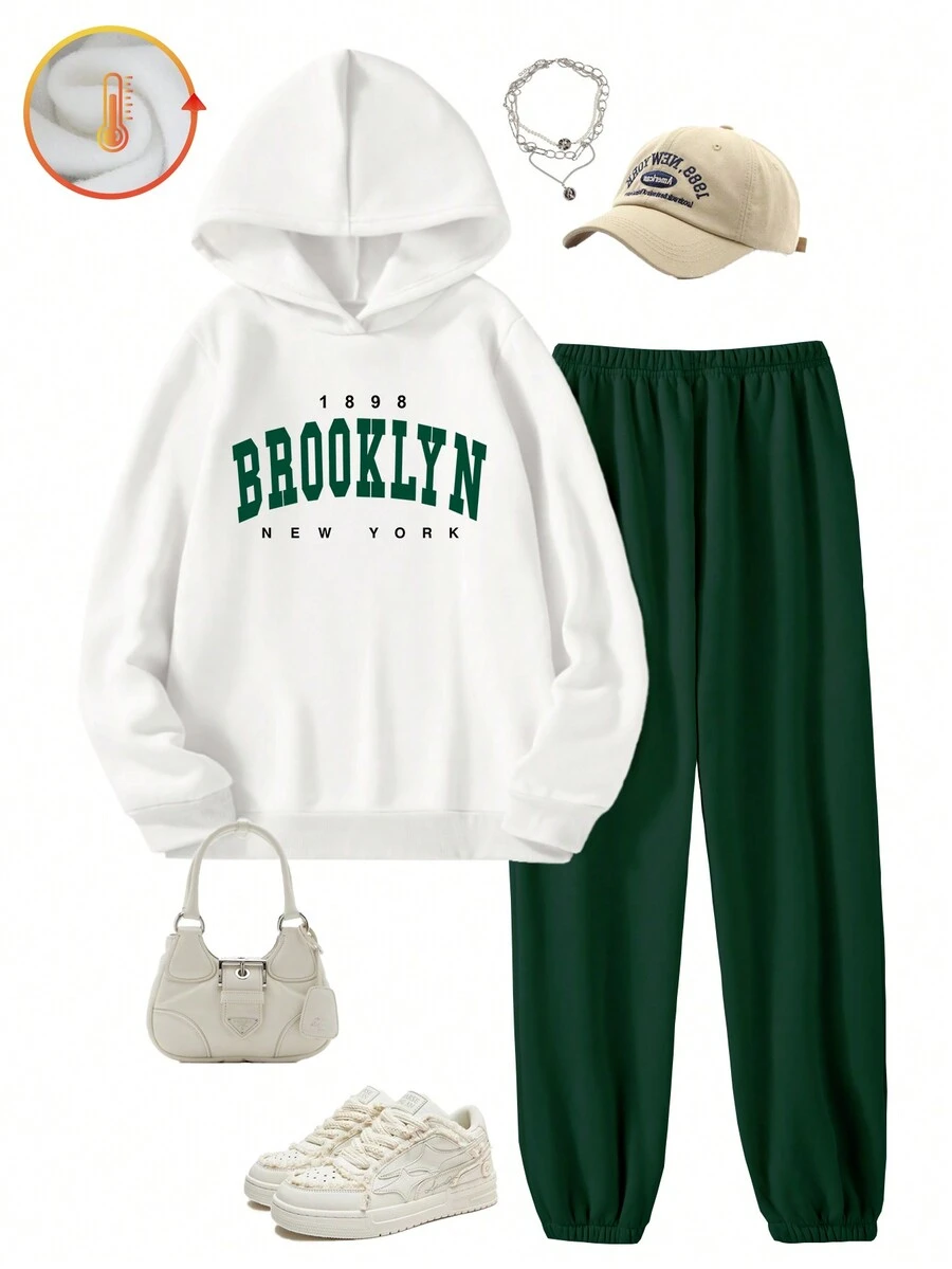 Bộ 2 món - Áo nỉ có mũ và quần nỉ cho bé gái tuổi teen, họa tiết in sống động, thoải mái và phù hợp cho trang phục thể thao thường ngày, mùa thu/đông. - Nhiều màu - Xem 1