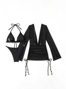 SHEIN SXY Summer Beach Sheer Bikini Set Pearl Decor Halter Triangle Bra & V-String Bottom & Cover Up Dress 3 Piece Bathing Suit