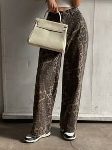 DAZY 女士豹纹宽松阔腿长牛仔裤
