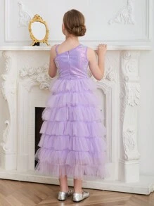 SHEIN Girls Elegant Luxurious Lavender Sleeveless Multi-Layer Tulle Midi Dress, Suitable For Evening, Party, Wedding, Birthday, Holiday, Christmas, Halloween