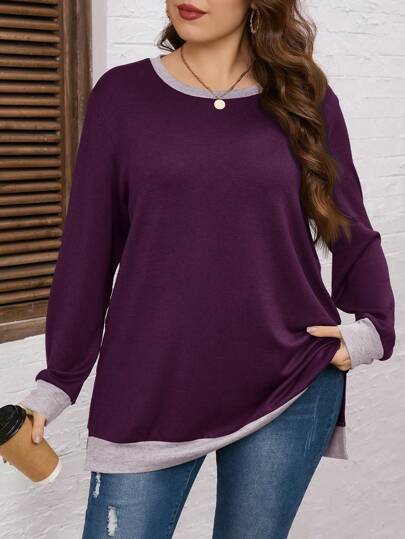 SHEIN LUNE Plus Size Casual Colorblock Patchwork Tröja med sidslits, höstlovsoutfit