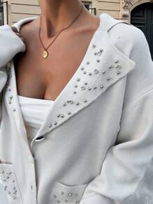 RueChic 2 Pcs Button Pearl Detail Cardigan And Pant - Beige - View 7