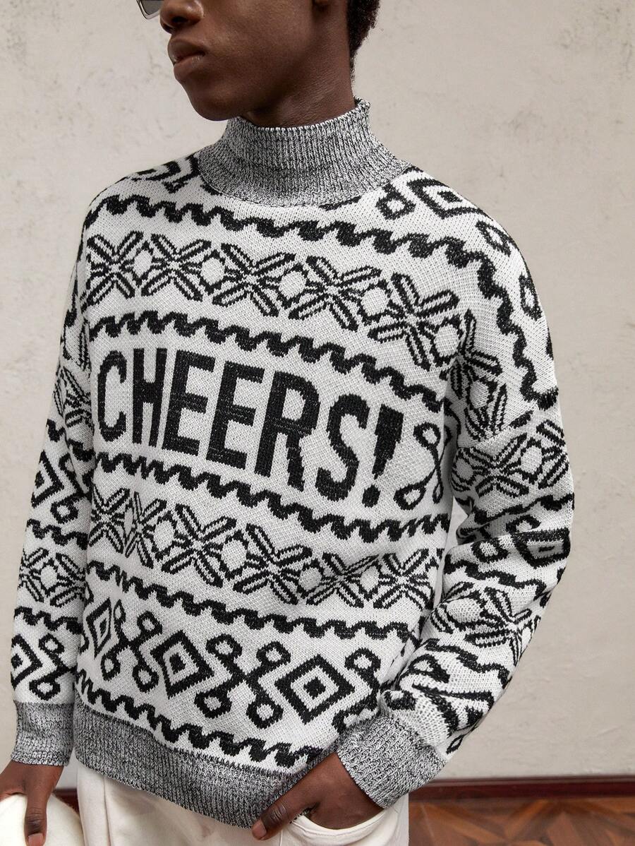 AKNOTIC Party 1pc Men's Winter Loose Knitted Crew Neck Dropped Shoulder Christmas Sweater - Grey - View 1