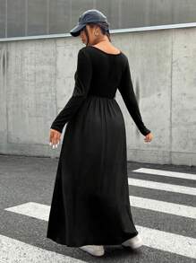 SHEIN EZwear 大码女式方领长袖休闲连衣裙，纯色，秋季 - 黑色 - 查看 2