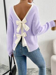 Chiquease 休闲日常拼色蝴蝶结装饰落肩宽松针织毛衣，秋冬 - 淡紫色 - 查看 1