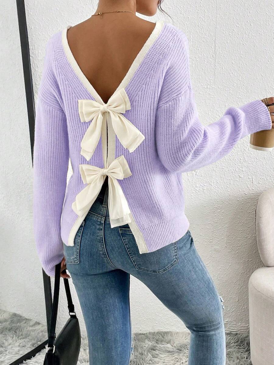 Chiquease 休闲日常拼色蝴蝶结装饰落肩宽松针织毛衣，秋冬 - 淡紫色 - 查看 1