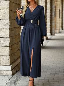 EMERY ROSE Women's Solid Color V-Neck Cross Wrap Front High Slit Long Sleeve Dress Maxi Women Outfit Fall Cloth For Women - Navy Blue - View 3