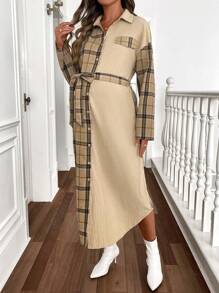 SHEIN Maternity Solid Color Splice Front Tie Front Button Long Sleeve Fake Pocket Simplistic Long Jacket, Top