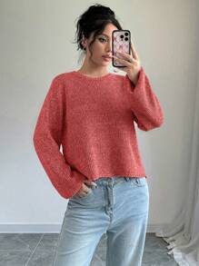 SHEIN Unity 女士休闲宽松露背系带毛衣，秋冬季百搭针织套头衫 - 紅色 - 查看 4