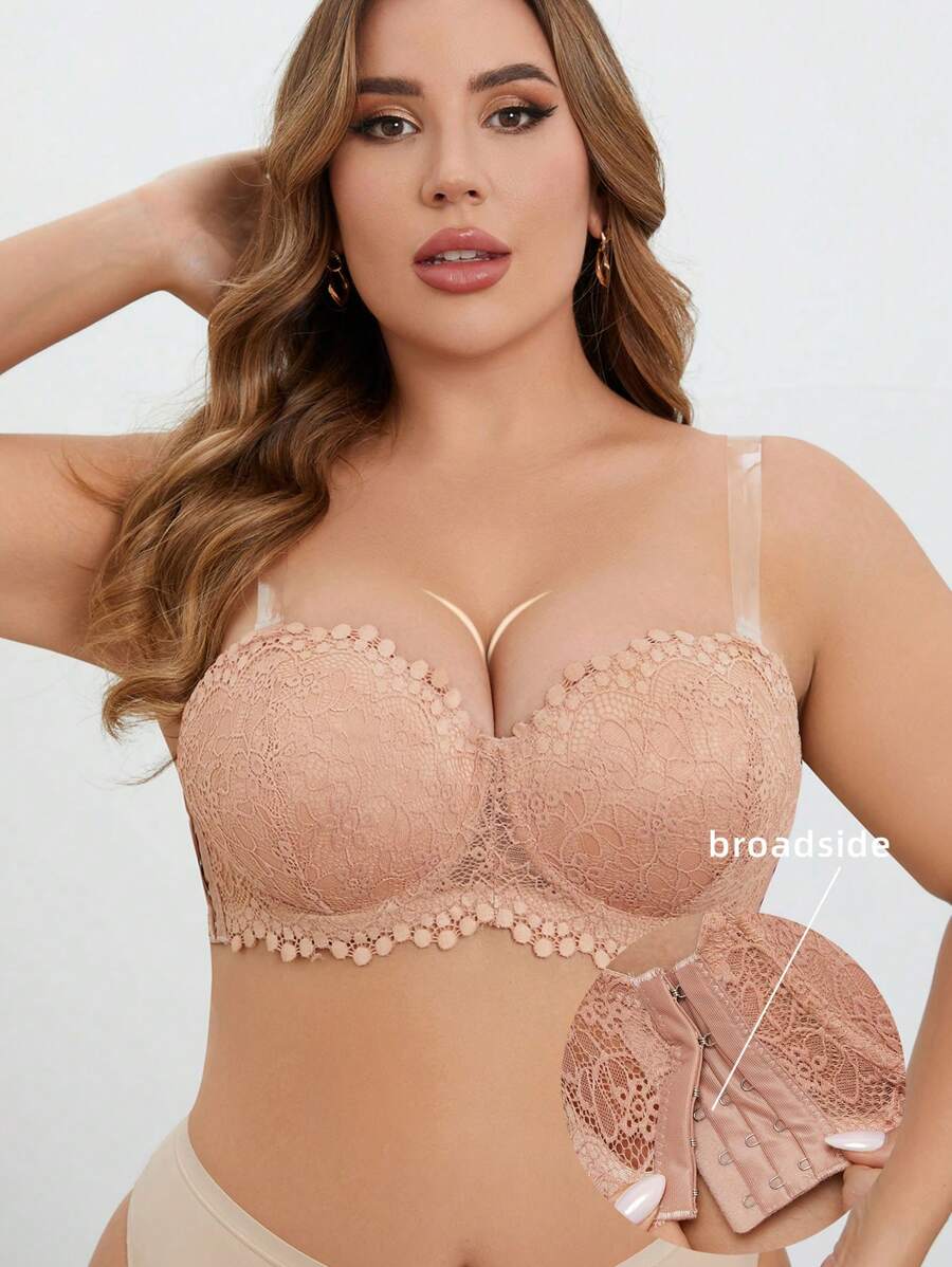 1 件大码蕾丝钢圈文胸、内衣 - 杏色 - 查看 1
