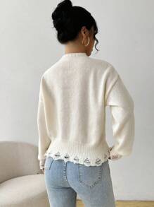 SHEIN Unity Women's Crew Neck Letter Embroidery Casual Loose Knit Sweater Knit Pullover Fall Winter - Beige - View 2