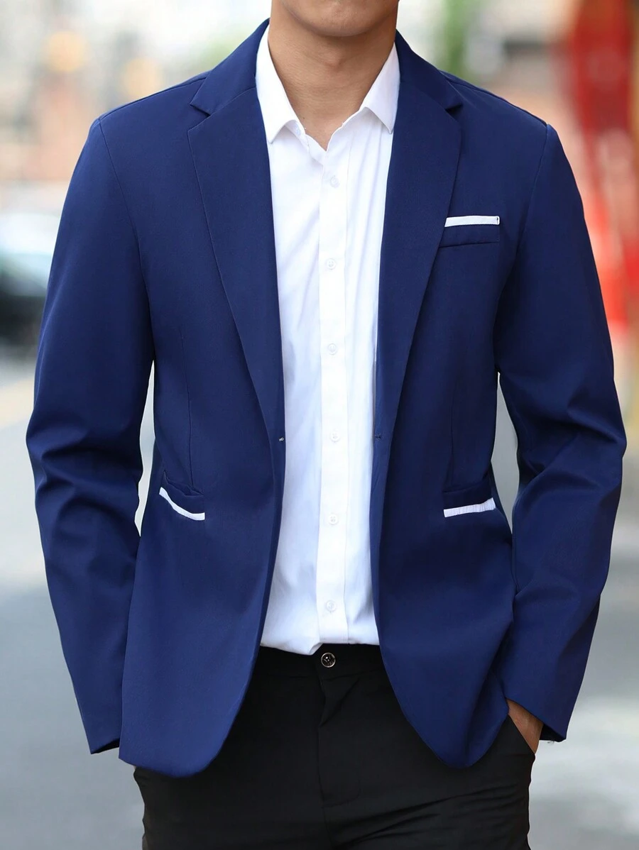 Manfinity Mode Men's Colorblock Long Sleeve Business/Office Suit Jacket - Navy Blue - View 1