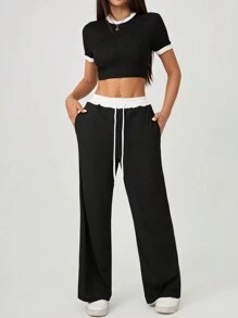 SHEIN PETITE Women's Summer Sexy Color-Blocked Round Neck Short-Sleeved T-Shirt + High-Waisted Lace-Up Trousers Two-Piece Set