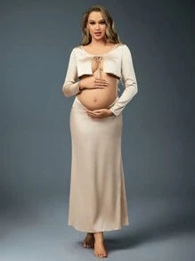 SHEIN 孕妇系带长袖开衫和可调节腰部美人鱼下摆裙子，拍照装，适合拍照