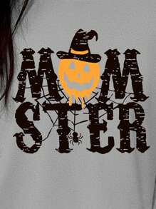 SHEIN LUNE 万圣节卡通字母图案印花长袖 T 恤 - 淺灰色 - 查看 3