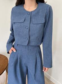 DAZY 女士两件套：圆领长袖短款外套和阔腿裤，秋季服装，返校季休闲套装