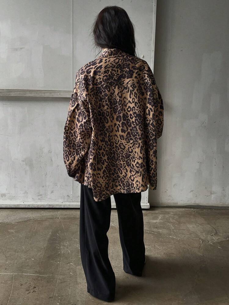 Women Leopard Print Long Sleeve Button Front Simple Casual Pocket Shirt Cheetah Print,Fall Clothes