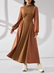 Seusyu Women Casual Contrast Color Block Drawstring Hem Hooded Long Sweatshirt Dress, Autumn/Winter - Brown - View 6