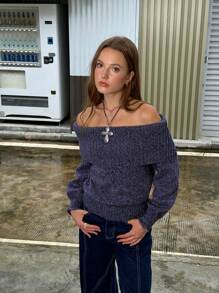 INAWLY Women's Casual Solid Color Foldover Off Shoulder Sweater Knit Pullover Fall Winter Outfit - Dusty Blue - View 7