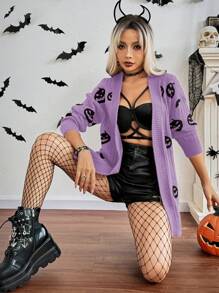 Chiquease Áo len cardigan dài tay họa tiết đầu lâu Halloween cho nữ, Thu/Đông - Màu tím - Xem 7