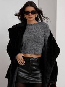 COSMINA Áo thun nữ cổ tròn dài tay màu trơn, dáng croptop thường ngày, mùa thu - Màu xám đen - Xem 4