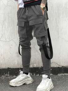 Manfinity LEGND Men Flap Pocket Buckle Detail Drawstring Waist Cargo Pants - Dark Grey - View 1