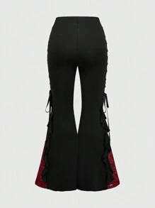 ROMWE Goth Women Retro Gorgeous "Daydreamer" Ruffle Trim Colorblock Lace Tie Flared Pants - Black - View 7