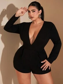 SHEIN BAE 大码女式纯黑色 V 领长袖紧身连体裤，优雅的秋冬装，适合浪漫约会、正式场合、派对、日常通勤和夜间外出 - 黑色 - 查看 2