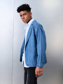 SHEIN Teen Boy Fashion Vintage Casual Blue Denim Long Sleeve Suit Blazer And Boys Winter Coat/Jacket For Dailywear And Fall/Winter Teen Boy Clothes - Blue - View 4