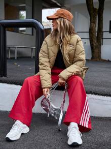 EMERY ROSE Casual Quilted Baseball Puffer Jacket, Versatile Splicing Design Women Outerwear Fall Cloth For Women - Khaki - View 5